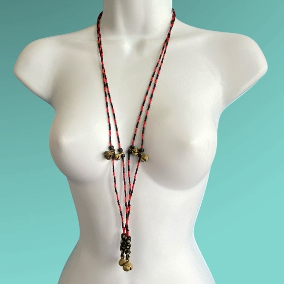 Pair Boho Bead Necklaces Brass Bells Red Black Seed Beads Set Of Two - Picture 5 of 8